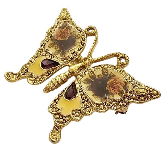 1928 Brand Purple Rhinestone Butterfly Rose Flower Pin, Victorian Theme - Picture 3 of 8